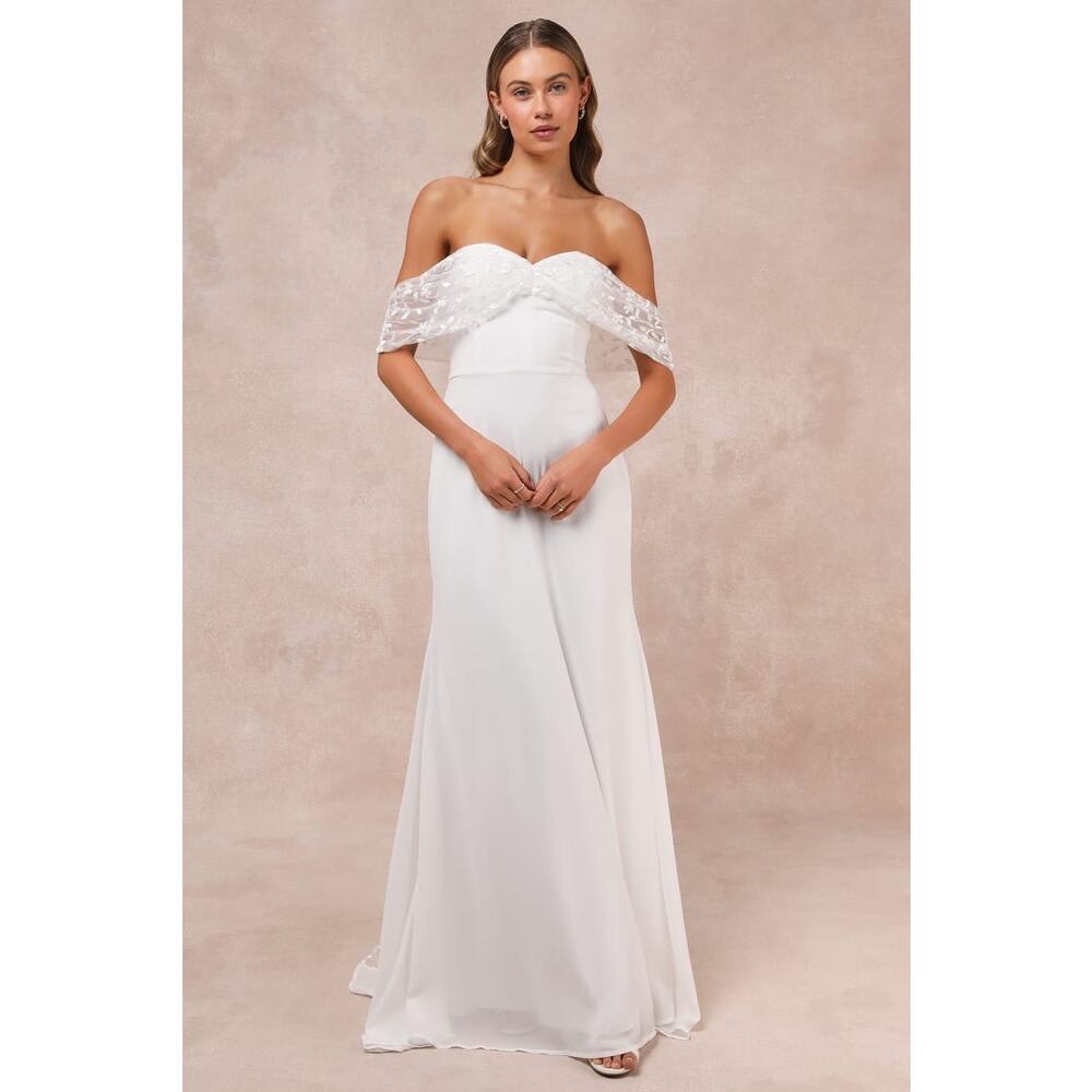 NWT Lulus Beloved Beginning White Embroidered Off-the-Shoulder Maxi Dress Sz XS